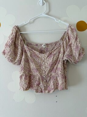 Bohme Cream and Pink Short Puff Sleeve Button Up Peplum Crop Top Smocked Back